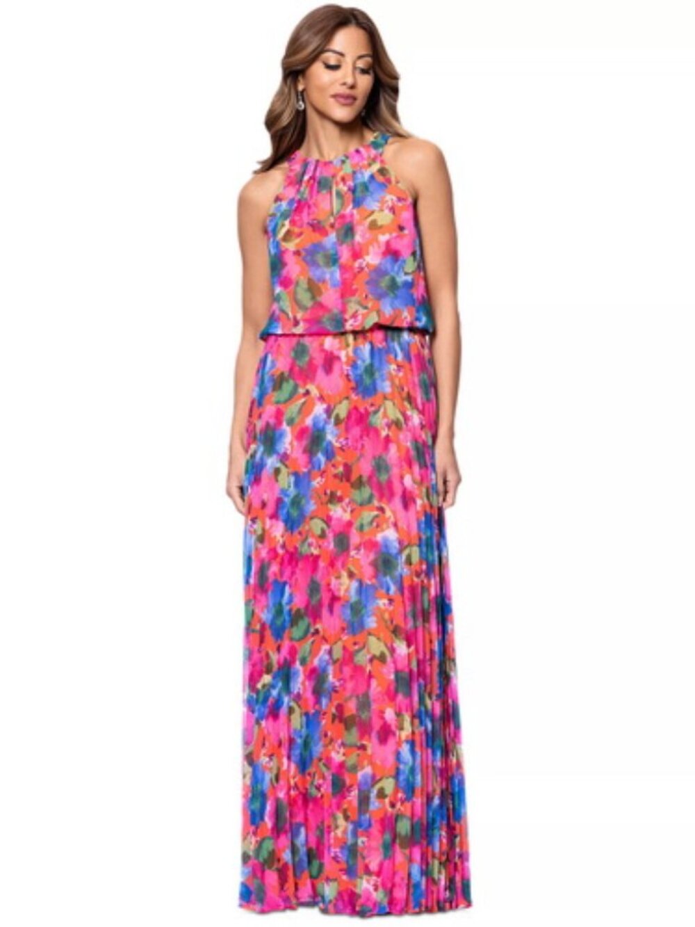 Xscape Orange Pink Multi Floral Chiffon Pleated Halter Gown